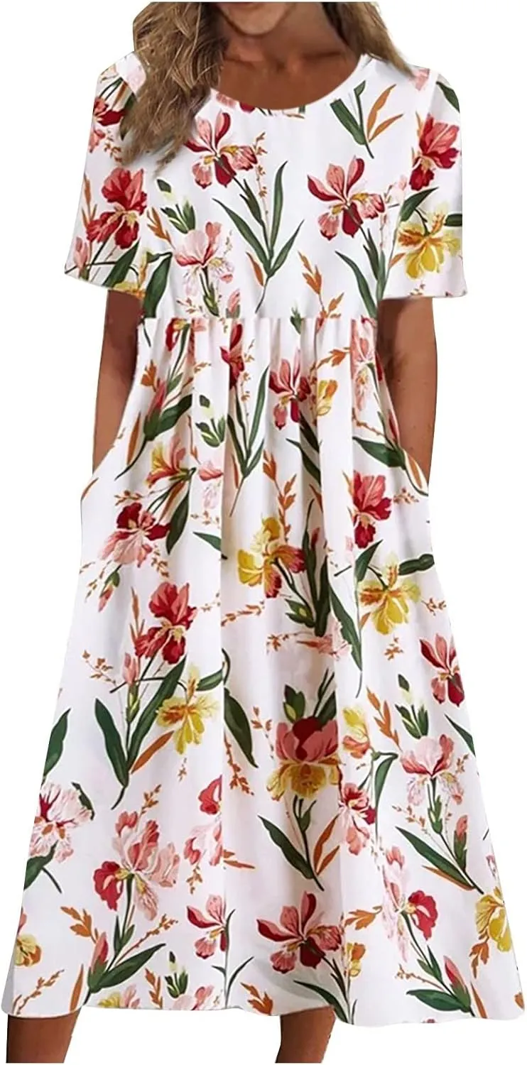 Women's Maxi Dress 2025 Summer Casual Colorful Loose Flowy Boho Crewneck Short Sleeve Dresses Beach Vacation Clothes