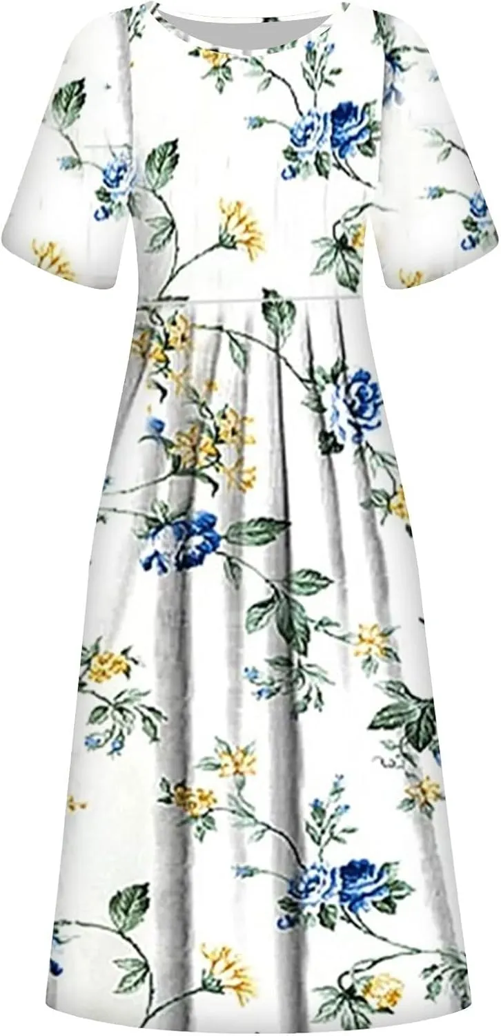 Women's Maxi Dress 2025 Summer Casual Colorful Loose Flowy Boho Crewneck Short Sleeve Dresses Beach Vacation Clothes