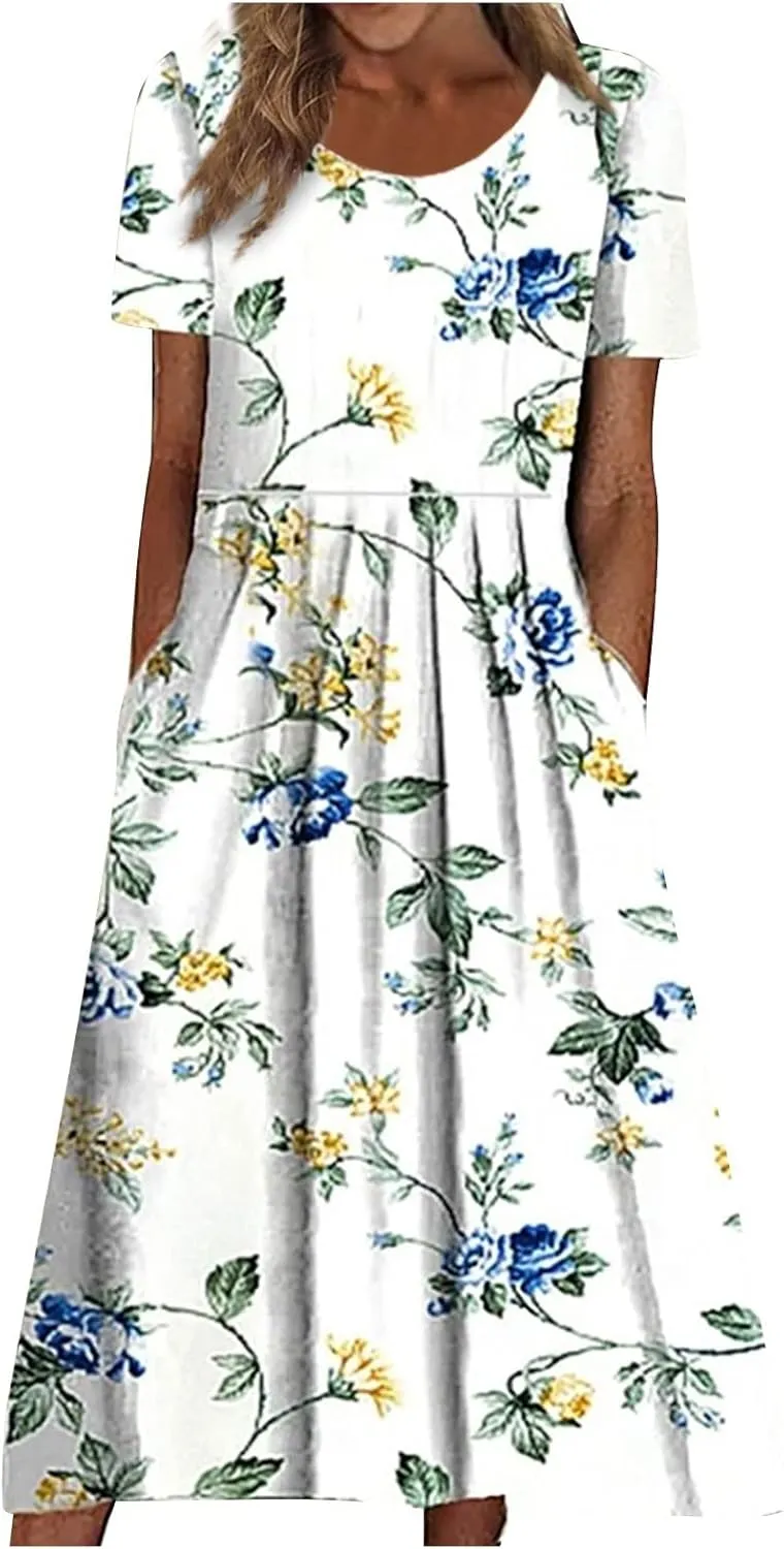 Women's Maxi Dress 2025 Summer Casual Colorful Loose Flowy Boho Crewneck Short Sleeve Dresses Beach Vacation Clothes