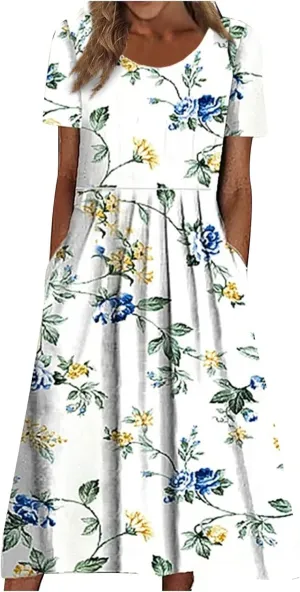 Women's Maxi Dress 2025 Summer Casual Colorful Loose Flowy Boho Crewneck Short Sleeve Dresses Beach Vacation Clothes