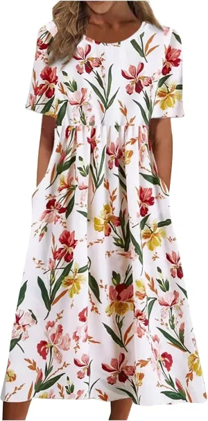 Women's Maxi Dress 2025 Summer Casual Colorful Loose Flowy Boho Crewneck Short Sleeve Dresses Beach Vacation Clothes