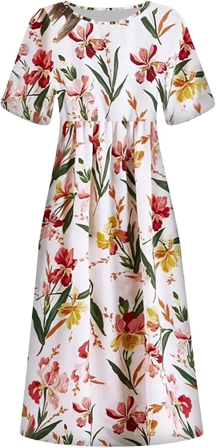Women's Maxi Dress 2025 Summer Casual Colorful Loose Flowy Boho Crewneck Short Sleeve Dresses Beach Vacation Clothes