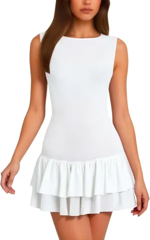 Womens Mini Dress Double Layered Ruffle Ruched Tiered Skirt Bodycon Sleeveless Tank Slim Fit Long Bridesmaid