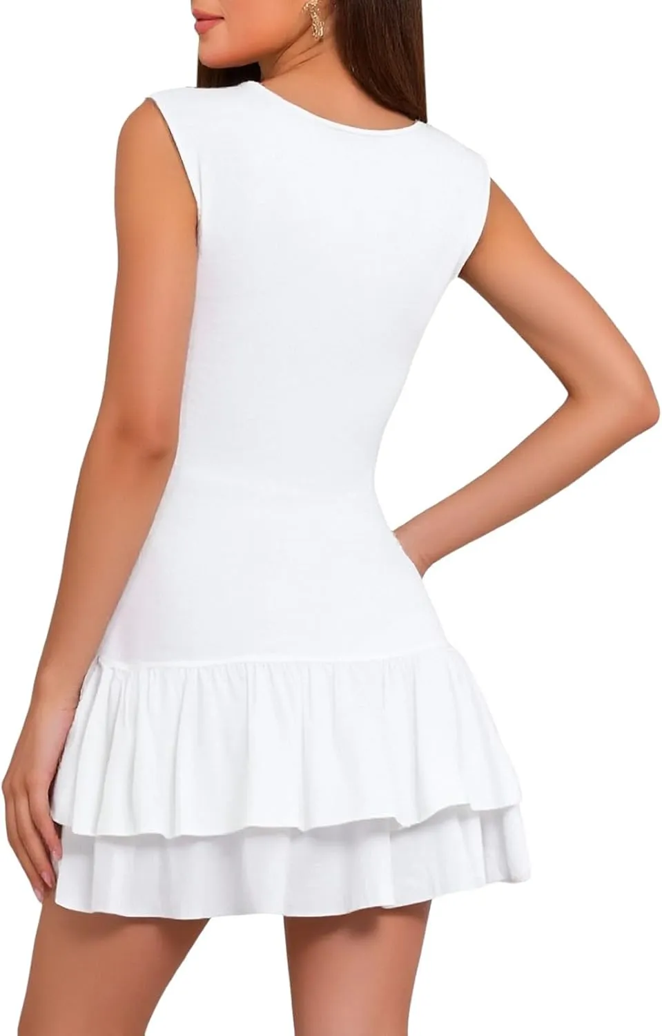 Womens Mini Dress Double Layered Ruffle Ruched Tiered Skirt Bodycon Sleeveless Tank Slim Fit Long Bridesmaid