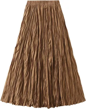 Women's Pleated A-Line Skirt with Elastic Waist Flowing Wrinkled Elegant Midi Skirt for Casual and Formal Occasions