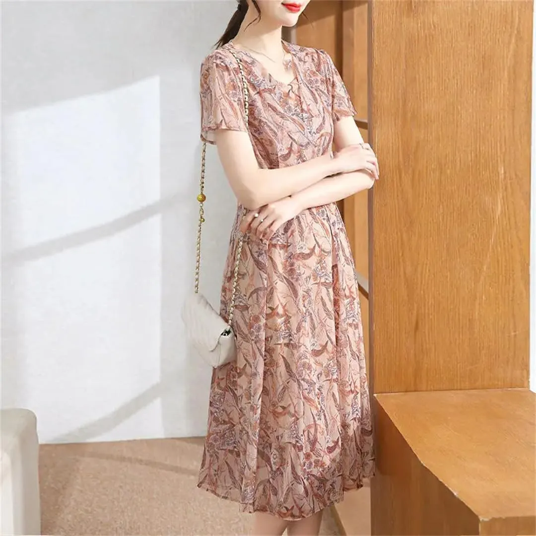 Women's Pleated Floral Midi Dress, Summer Loose Short Sleeve V-Neck Mini Dress