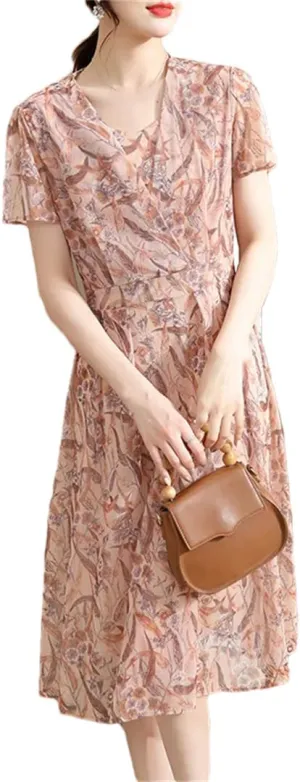 Women's Pleated Floral Midi Dress, Summer Loose Short Sleeve V-Neck Mini Dress