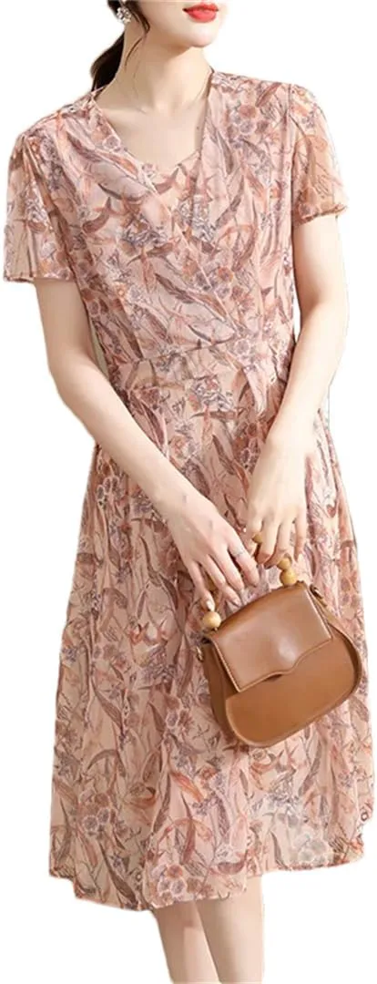 Women's Pleated Floral Midi Dress, Summer Loose Short Sleeve V-Neck Mini Dress