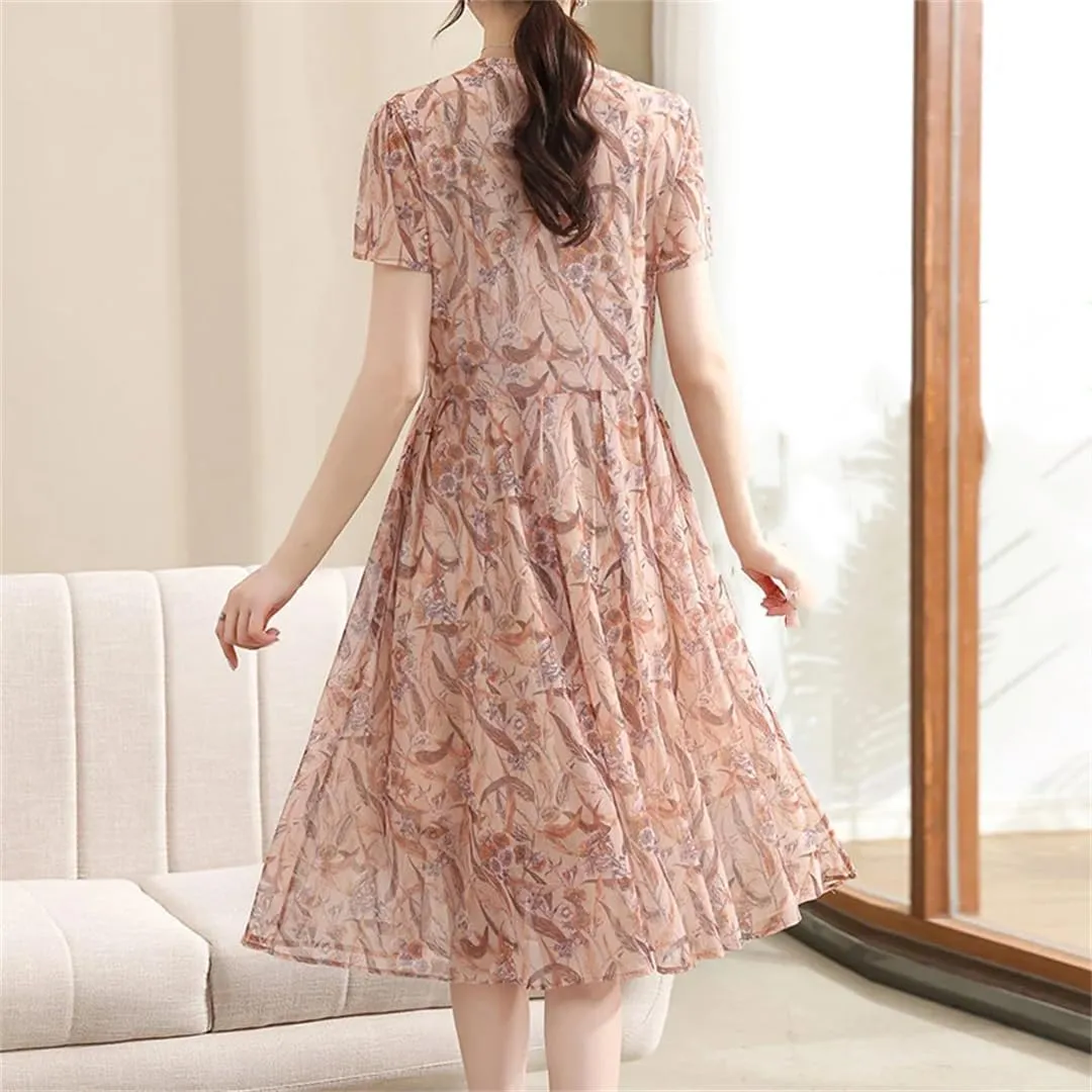 Women's Pleated Floral Midi Dress, Summer Loose Short Sleeve V-Neck Mini Dress