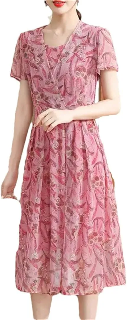 Women's Pleated Floral Midi Dress, Summer Loose Short Sleeve V-Neck Mini Dress