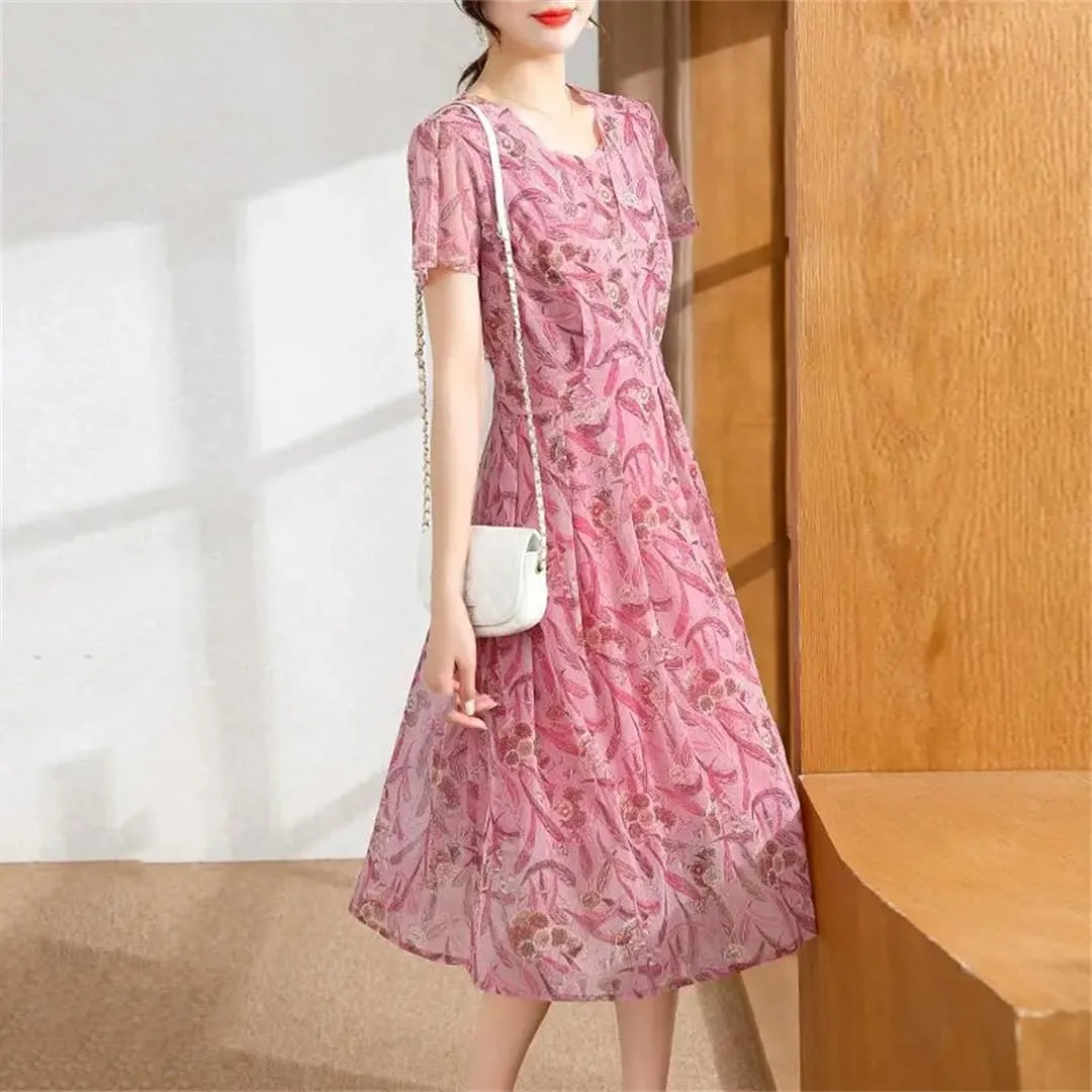 Women's Pleated Floral Midi Dress, Summer Loose Short Sleeve V-Neck Mini Dress