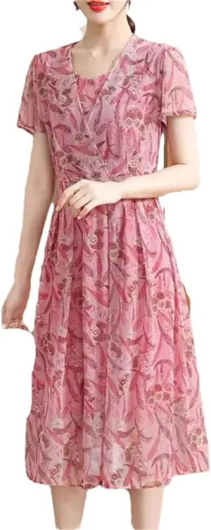 Women's Pleated Floral Midi Dress, Summer Loose Short Sleeve V-Neck Mini Dress