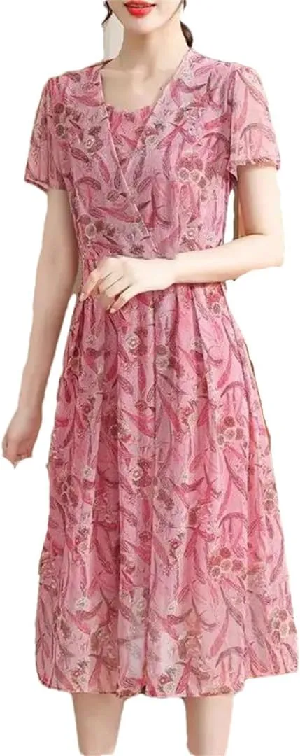 Women's Pleated Floral Midi Dress, Summer Loose Short Sleeve V-Neck Mini Dress
