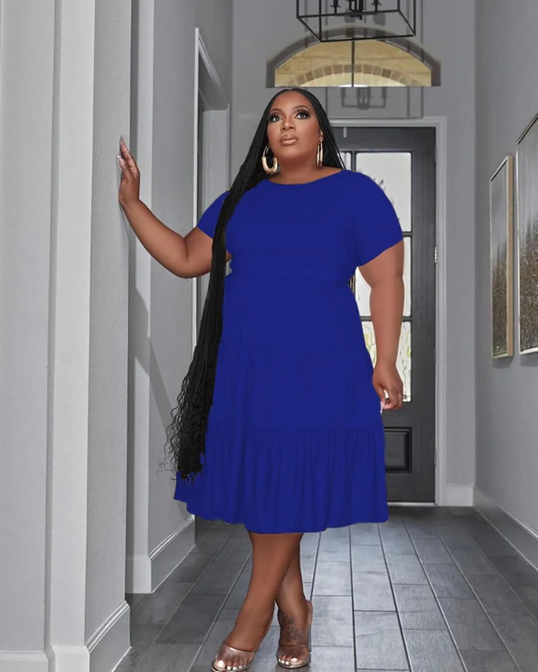 Women's Plus Size Casual Midi Dress Summer Short Sleeve Beach Dress Swing Flowy Tiered Dresses