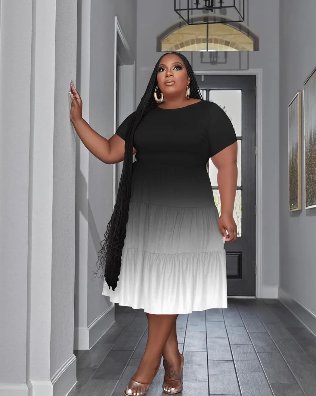 Women's Plus Size Casual Midi Dress Summer Short Sleeve Beach Dress Swing Flowy Tiered Dresses