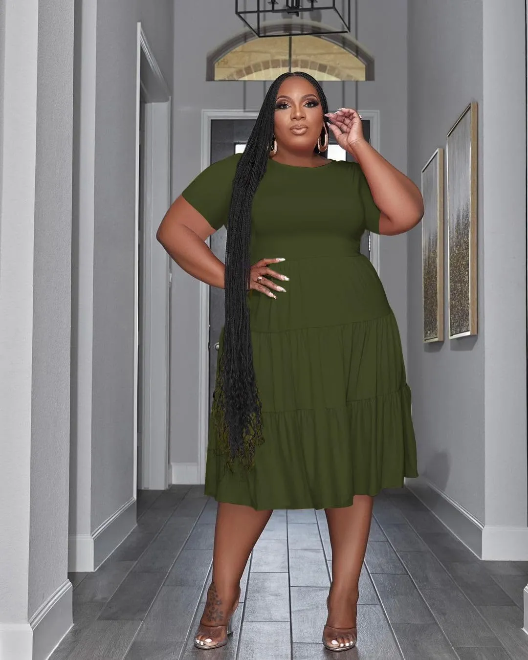 Women's Plus Size Casual Midi Dress Summer Short Sleeve Beach Dress Swing Flowy Tiered Dresses