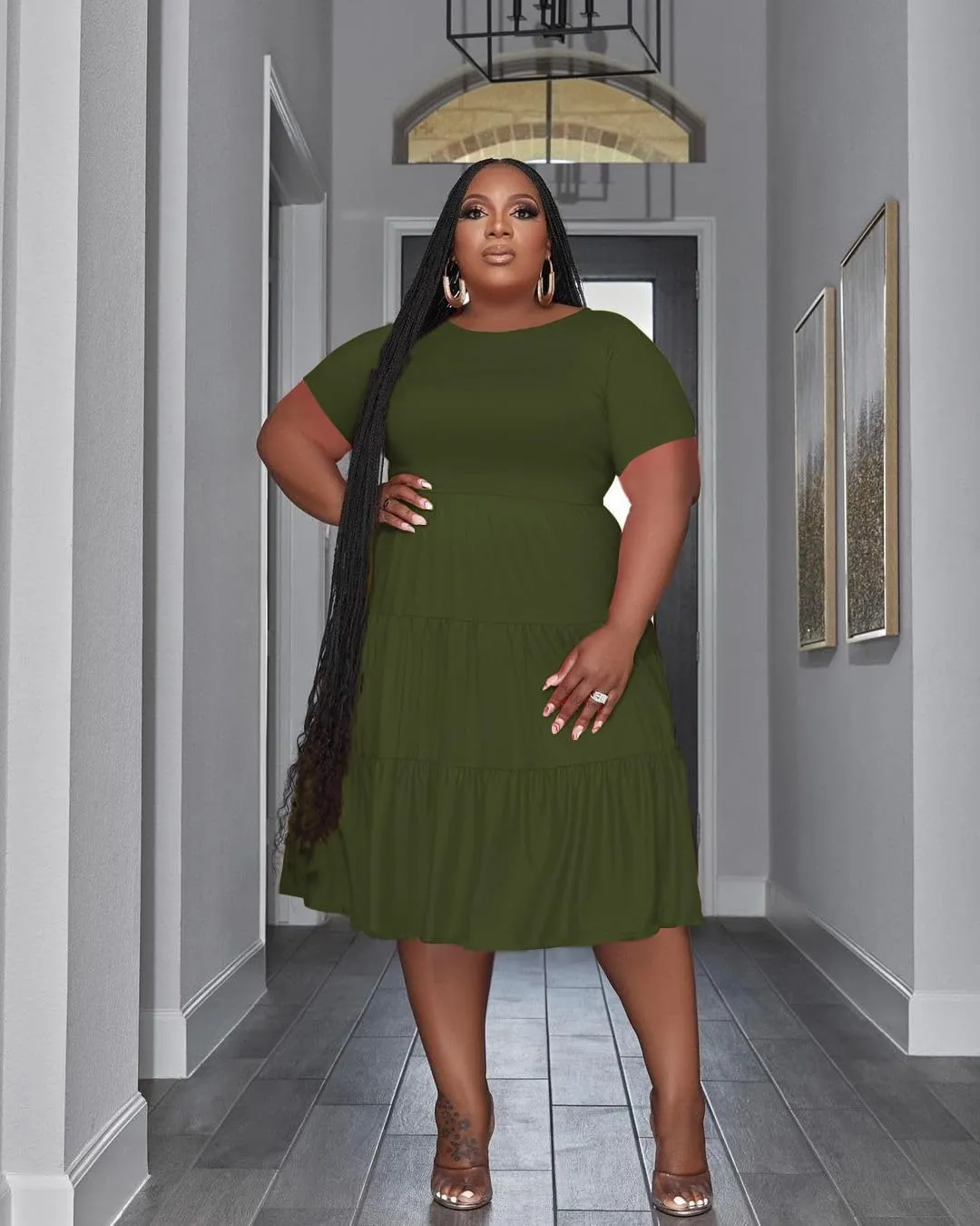 Women's Plus Size Casual Midi Dress Summer Short Sleeve Beach Dress Swing Flowy Tiered Dresses