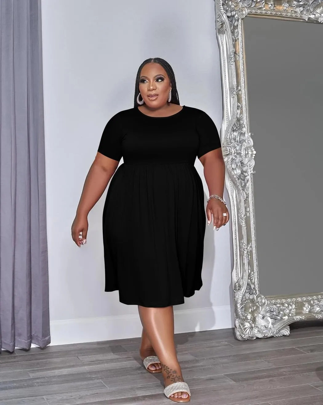 Women's Plus Size Casual Midi Dress Summer Short Sleeve Beach Dress Swing Flowy Tiered Dresses