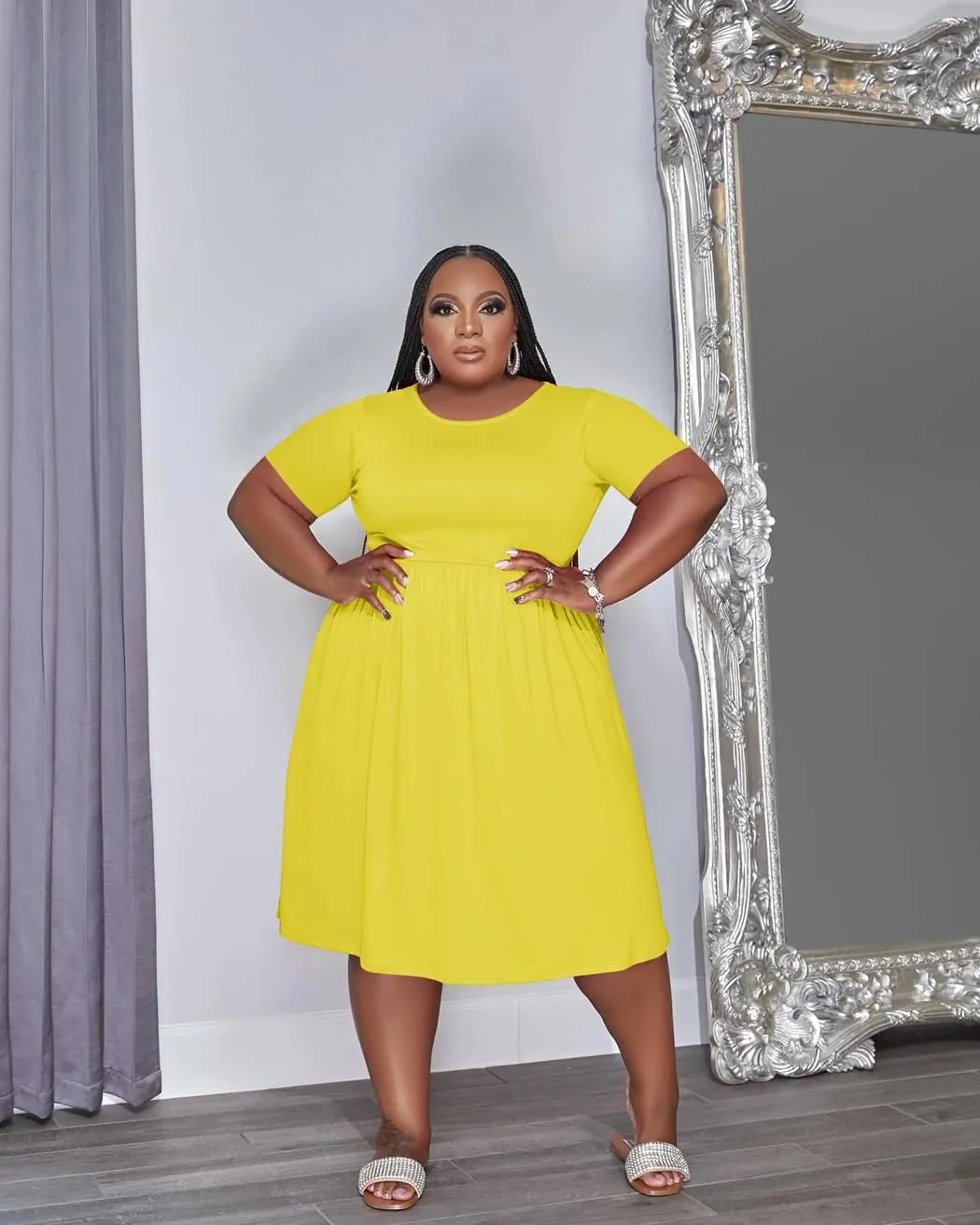 Women's Plus Size Casual Midi Dress Summer Short Sleeve Beach Dress Swing Flowy Tiered Dresses