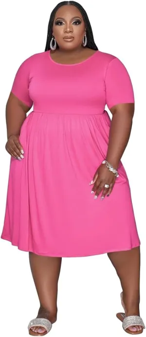 Women's Plus Size Casual Midi Dress Summer Short Sleeve Beach Dress Swing Flowy Tiered Dresses