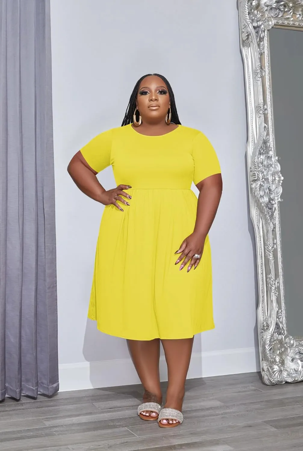 Women's Plus Size Casual Midi Dress Summer Short Sleeve Beach Dress Swing Flowy Tiered Dresses