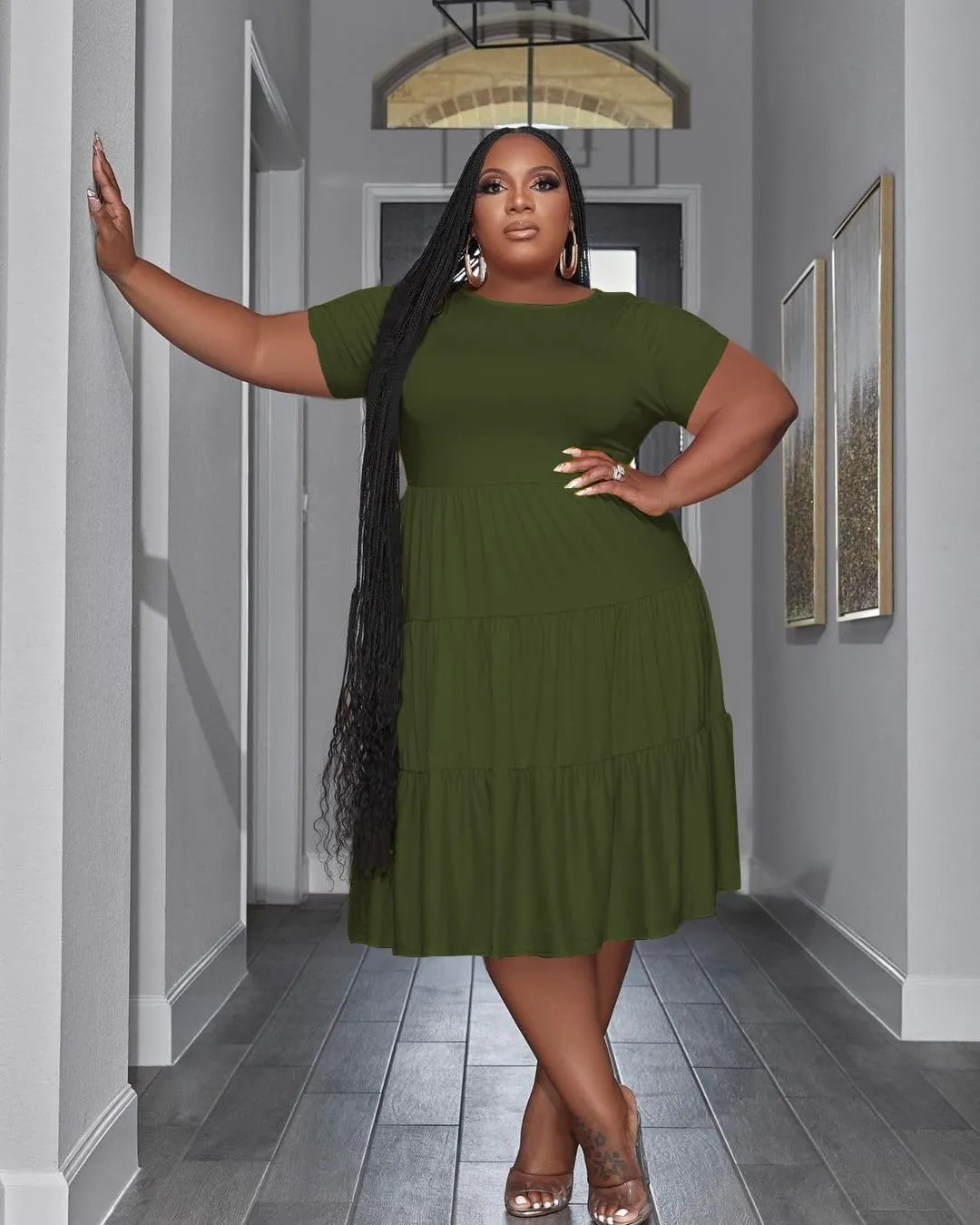 Women's Plus Size Casual Midi Dress Summer Short Sleeve Beach Dress Swing Flowy Tiered Dresses