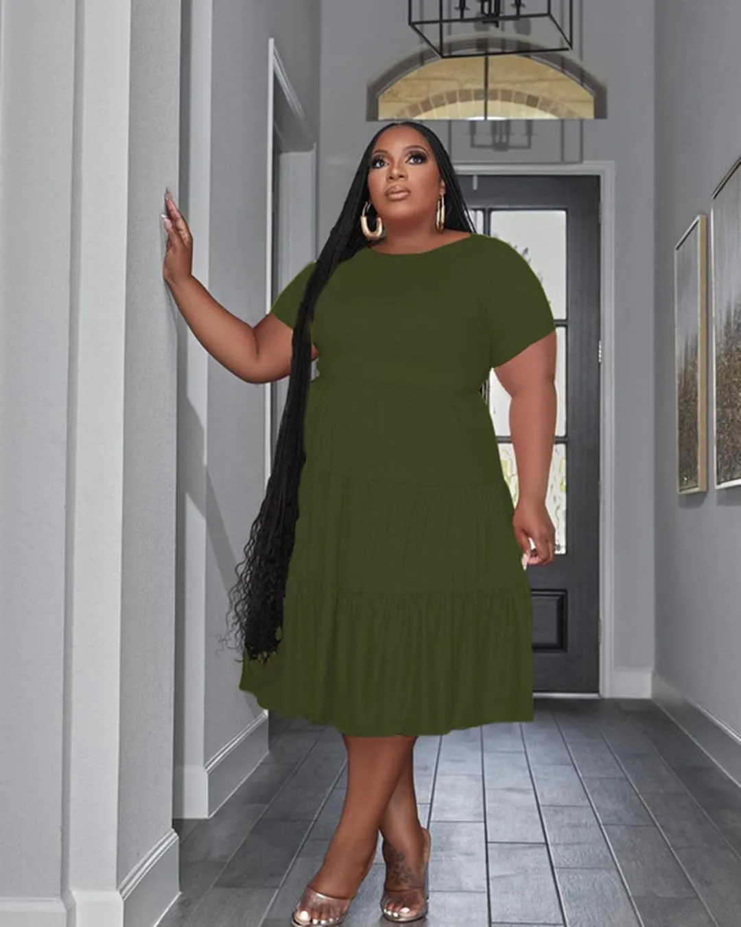 Women's Plus Size Casual Midi Dress Summer Short Sleeve Beach Dress Swing Flowy Tiered Dresses
