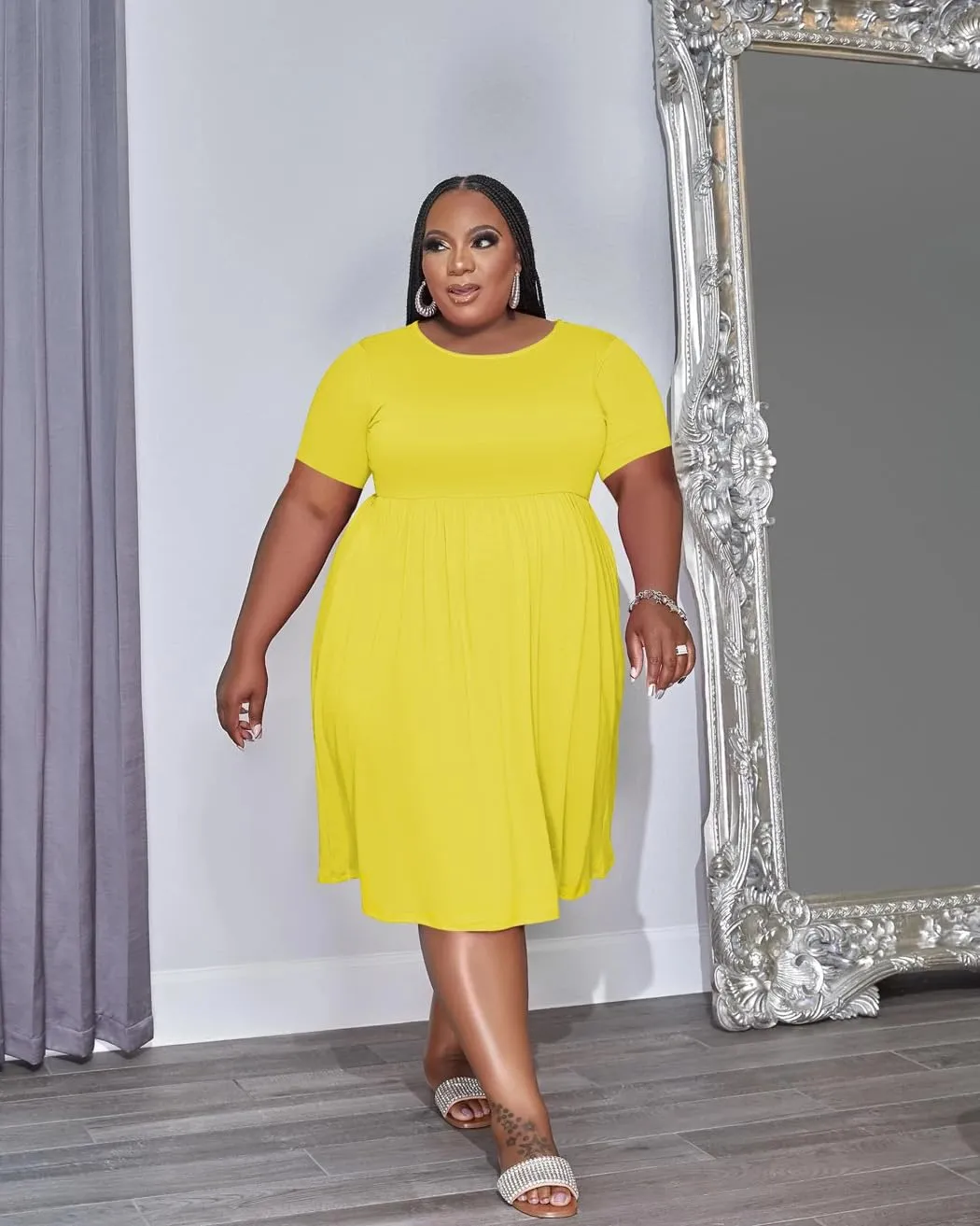 Women's Plus Size Casual Midi Dress Summer Short Sleeve Beach Dress Swing Flowy Tiered Dresses