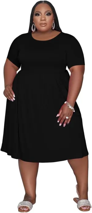 Women's Plus Size Casual Midi Dress Summer Short Sleeve Beach Dress Swing Flowy Tiered Dresses