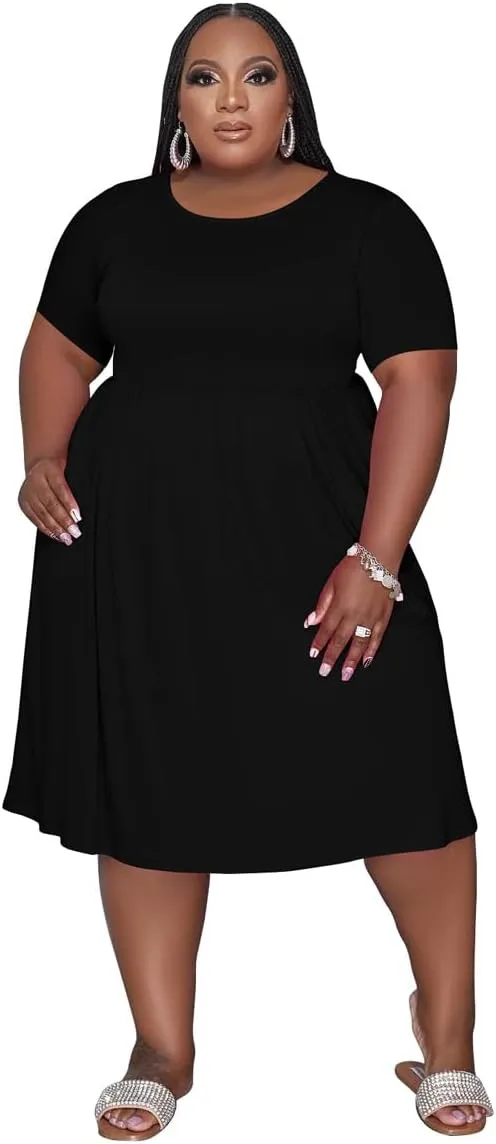 Women's Plus Size Casual Midi Dress Summer Short Sleeve Beach Dress Swing Flowy Tiered Dresses