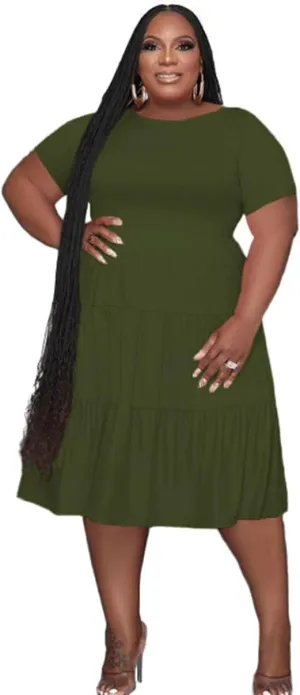 Women's Plus Size Casual Midi Dress Summer Short Sleeve Beach Dress Swing Flowy Tiered Dresses