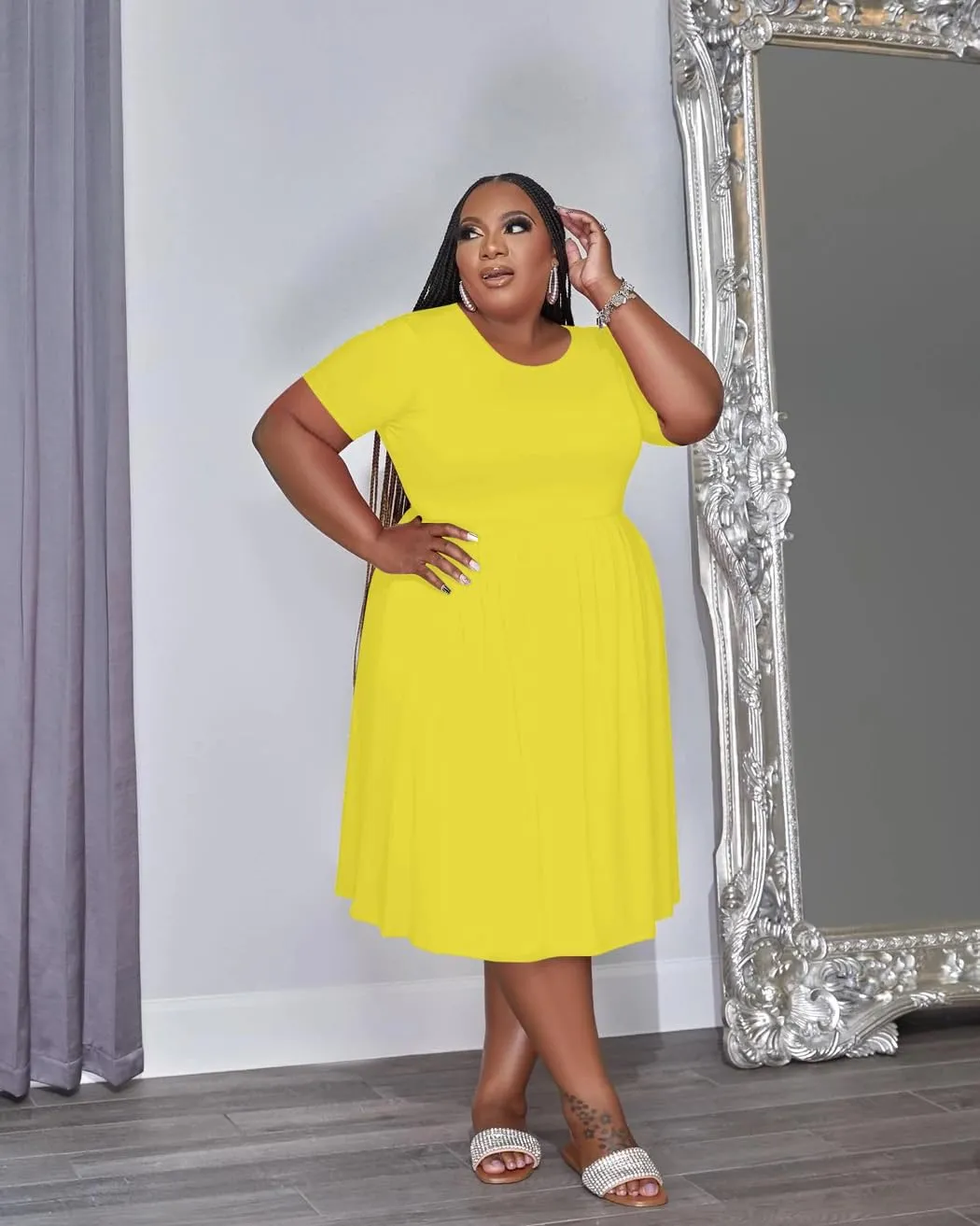 Women's Plus Size Casual Midi Dress Summer Short Sleeve Beach Dress Swing Flowy Tiered Dresses