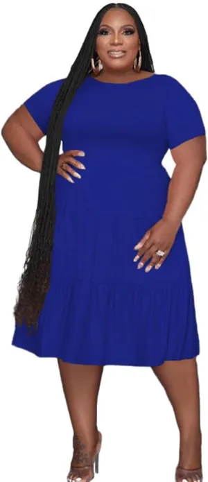 Women's Plus Size Casual Midi Dress Summer Short Sleeve Beach Dress Swing Flowy Tiered Dresses