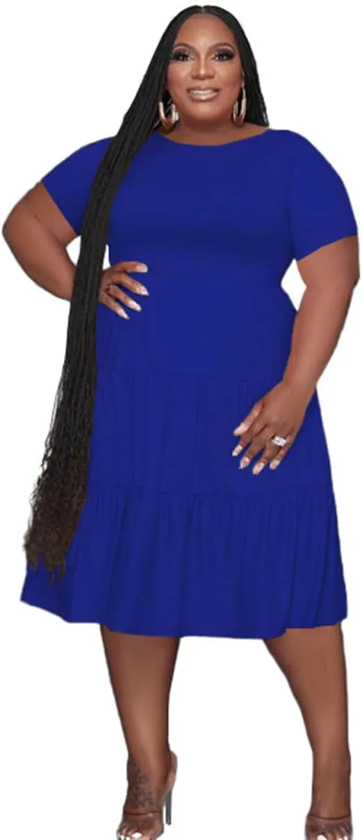 Women's Plus Size Casual Midi Dress Summer Short Sleeve Beach Dress Swing Flowy Tiered Dresses
