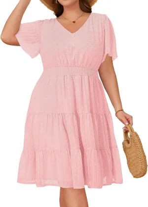 Womens Plus Size Summer Pink Easter Babydoll Sundress Spring Graduation Beach Vacation Flowy Tiered Dresses