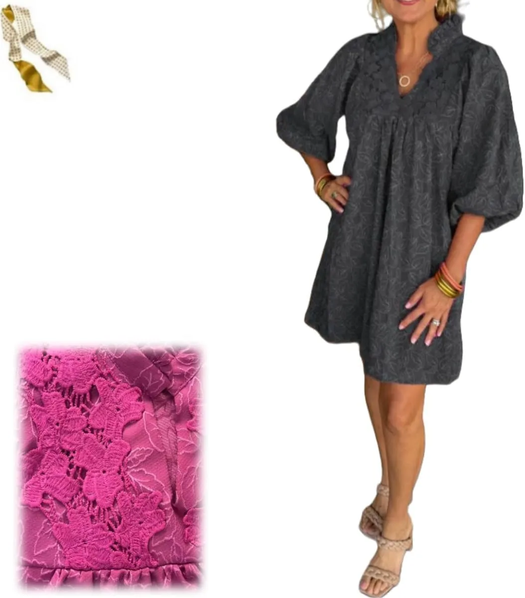 Women's Puff Sleeve Leaf Jacquard Mini Dress,Casual Floral Lace V Neck 3/4 Sleeve A-line Dress,Loose Flowy Swing Short Dress