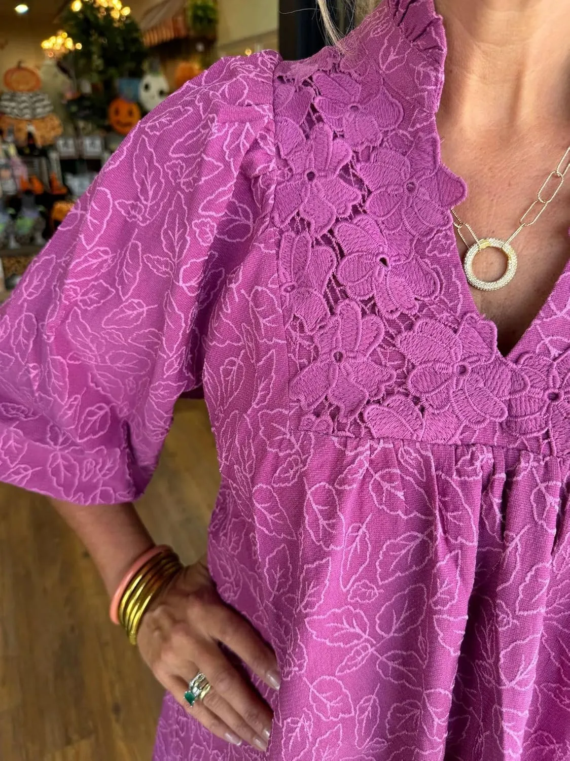 Women's Puff Sleeve Leaf Jacquard Mini Dress,Casual Floral Lace V Neck 3/4 Sleeve A-line Dress,Loose Flowy Swing Short Dress