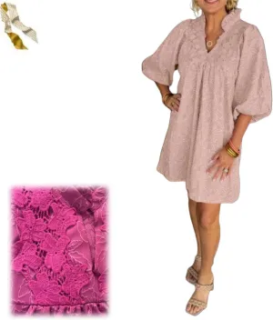 Women's Puff Sleeve Leaf Jacquard Mini Dress,Casual Floral Lace V Neck 3/4 Sleeve A-line Dress,Loose Flowy Swing Short Dress