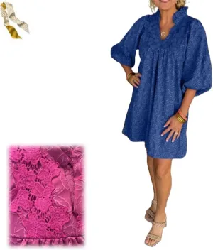 Women's Puff Sleeve Leaf Jacquard Mini Dress,Casual Floral Lace V Neck 3/4 Sleeve A-line Dress,Loose Flowy Swing Short Dress