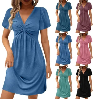 Womens Ruffle Sleeve Layered Mini Dress Smocked Waist Short Dress Boho V Neck Floral Print Cute Summer Dresses