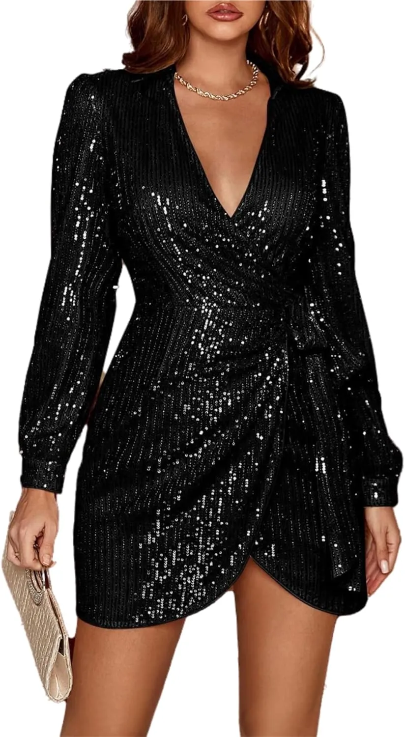 Women's Sexy One Shoulder Half Short Sleeve Wrap Bodycon Midi Party Club Dress Sparkly Sequin Shirt Mini Dress
