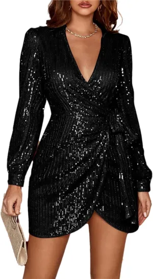 Women's Sexy One Shoulder Half Short Sleeve Wrap Bodycon Midi Party Club Dress Sparkly Sequin Shirt Mini Dress