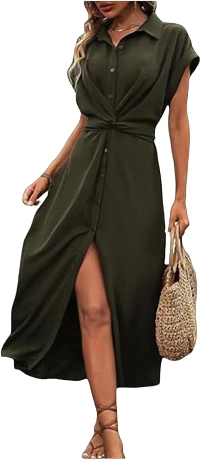 Womens Shirt Dresses Collar Neck Button Down Tie Waist Short Sleeve Maxi Dress A Line Long Dress Elegant Office Clothes