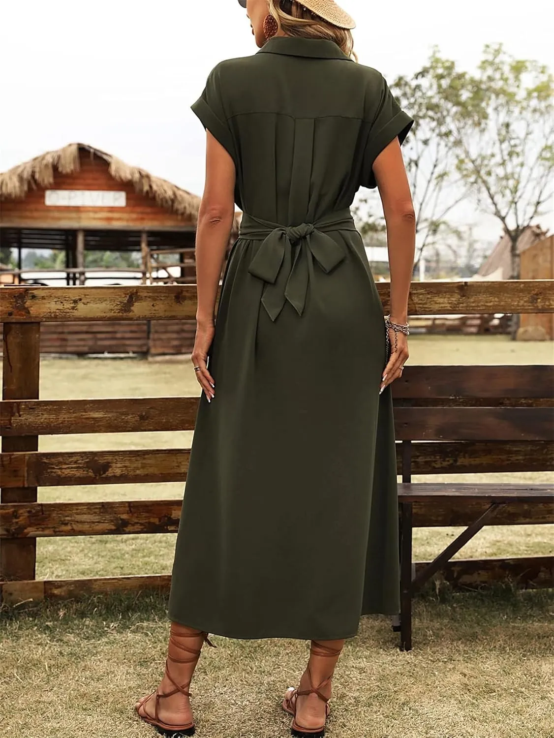Womens Shirt Dresses Collar Neck Button Down Tie Waist Short Sleeve Maxi Dress A Line Long Dress Elegant Office Clothes