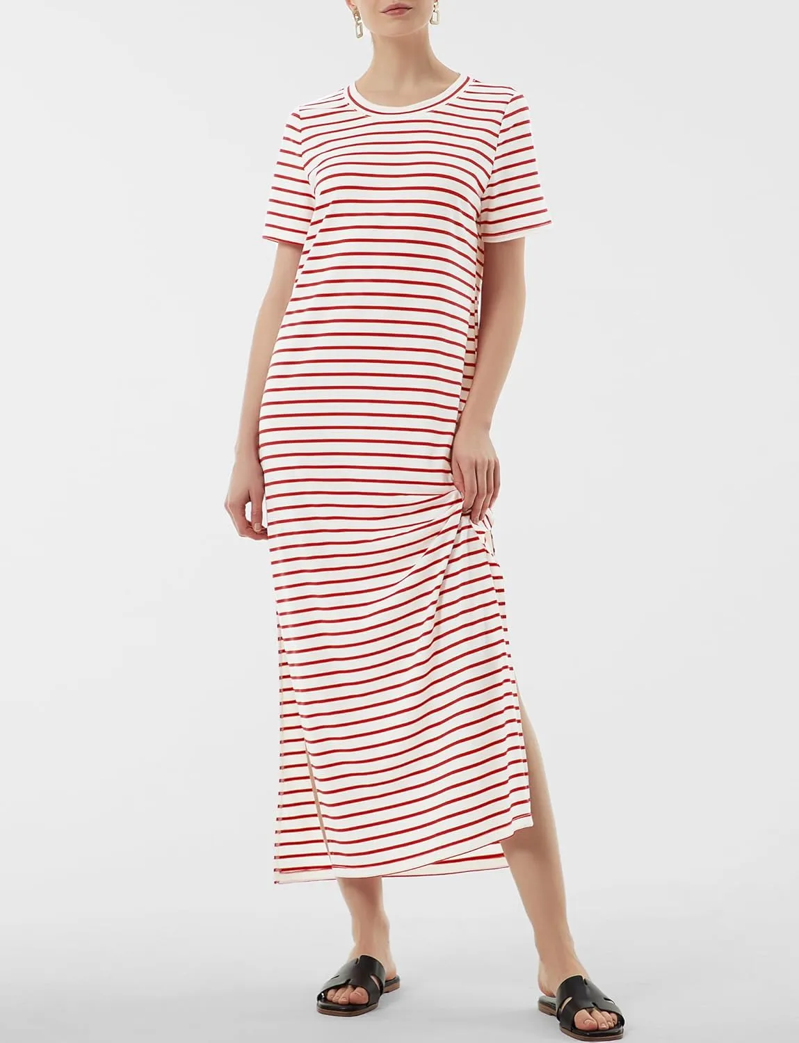 Women's Short Sleeve Double Split Maxi Dress 2025 Summer Casual Plain Striped Loose Long T Shirt Dresses