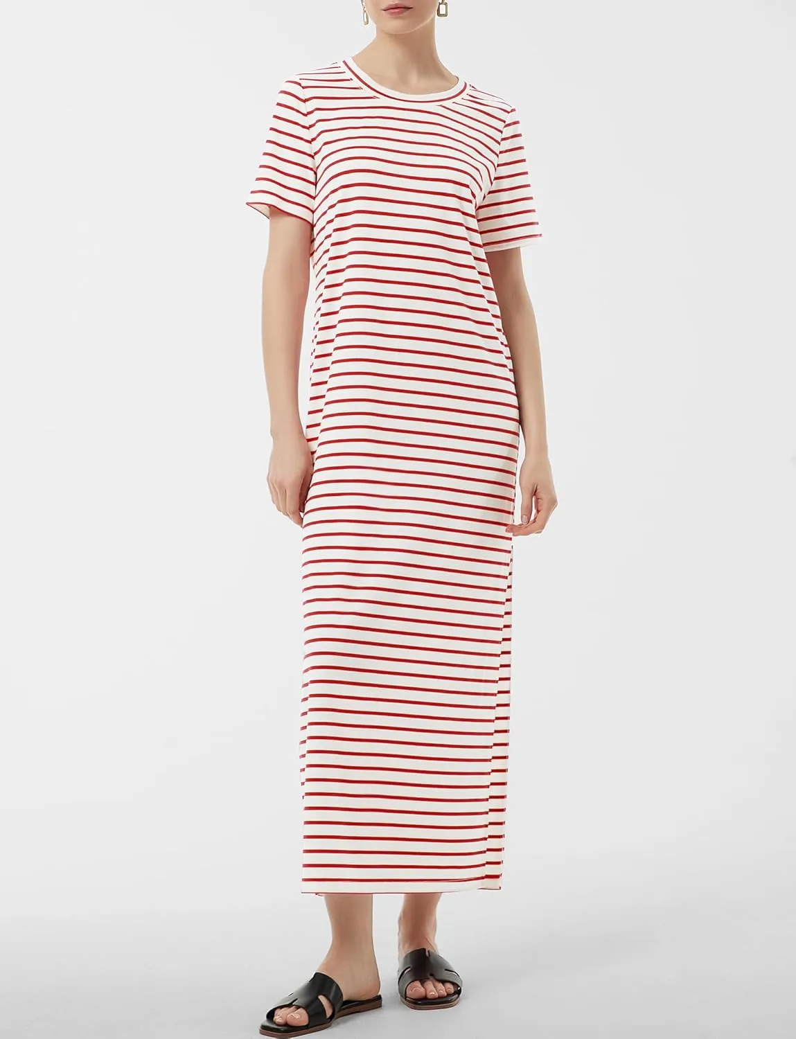 Women's Short Sleeve Double Split Maxi Dress 2025 Summer Casual Plain Striped Loose Long T Shirt Dresses