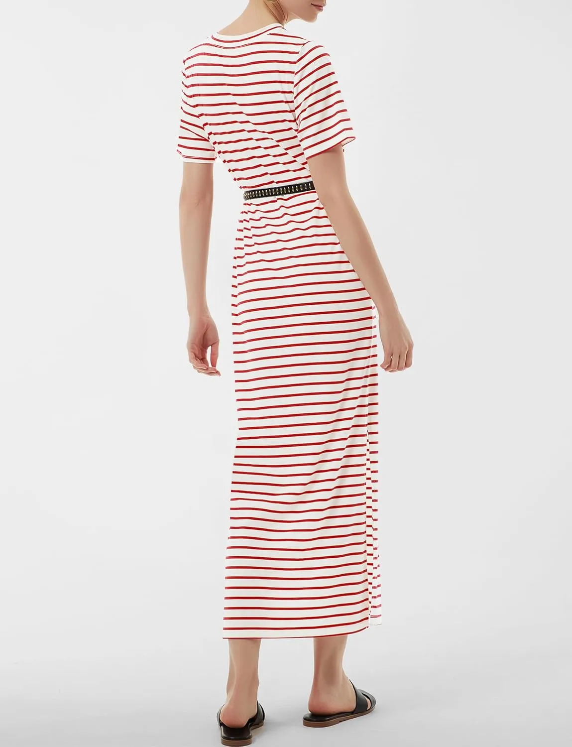 Women's Short Sleeve Double Split Maxi Dress 2025 Summer Casual Plain Striped Loose Long T Shirt Dresses
