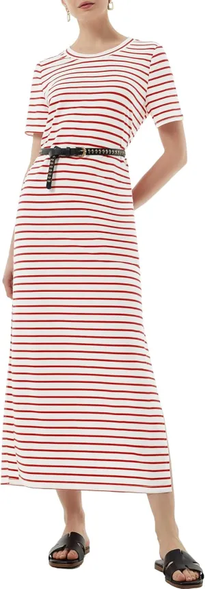 Women's Short Sleeve Double Split Maxi Dress 2025 Summer Casual Plain Striped Loose Long T Shirt Dresses