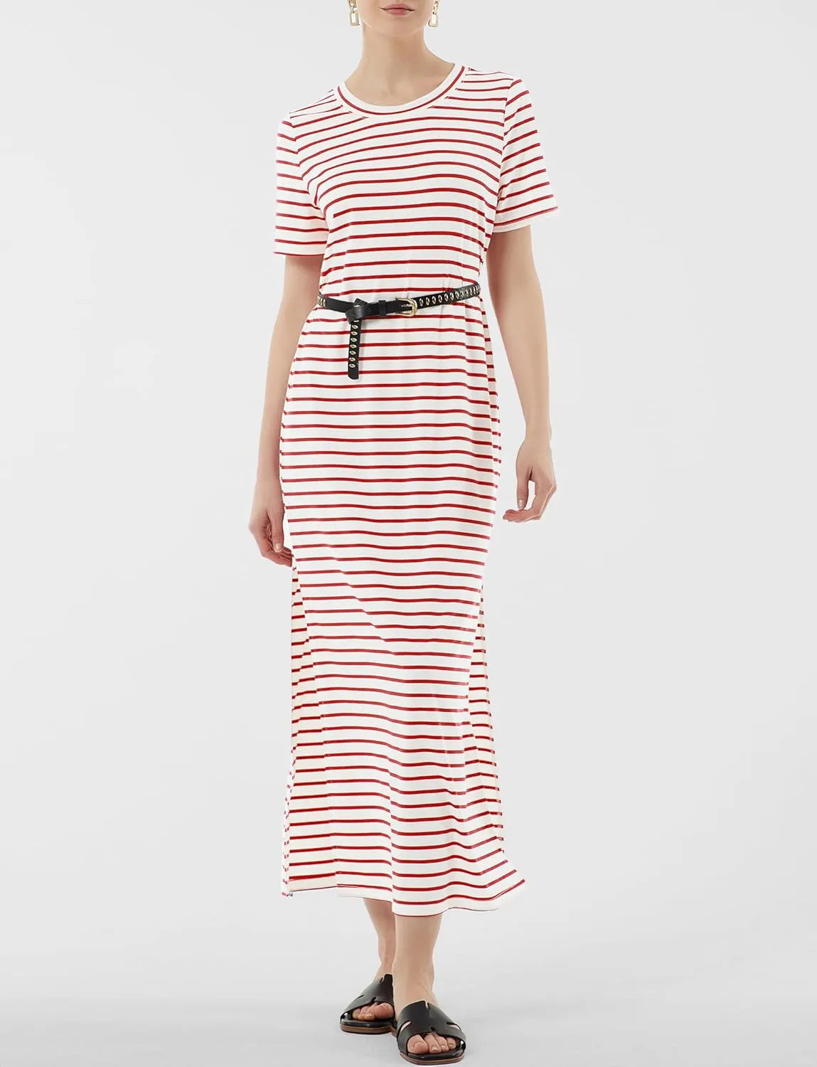 Women's Short Sleeve Double Split Maxi Dress 2025 Summer Casual Plain Striped Loose Long T Shirt Dresses