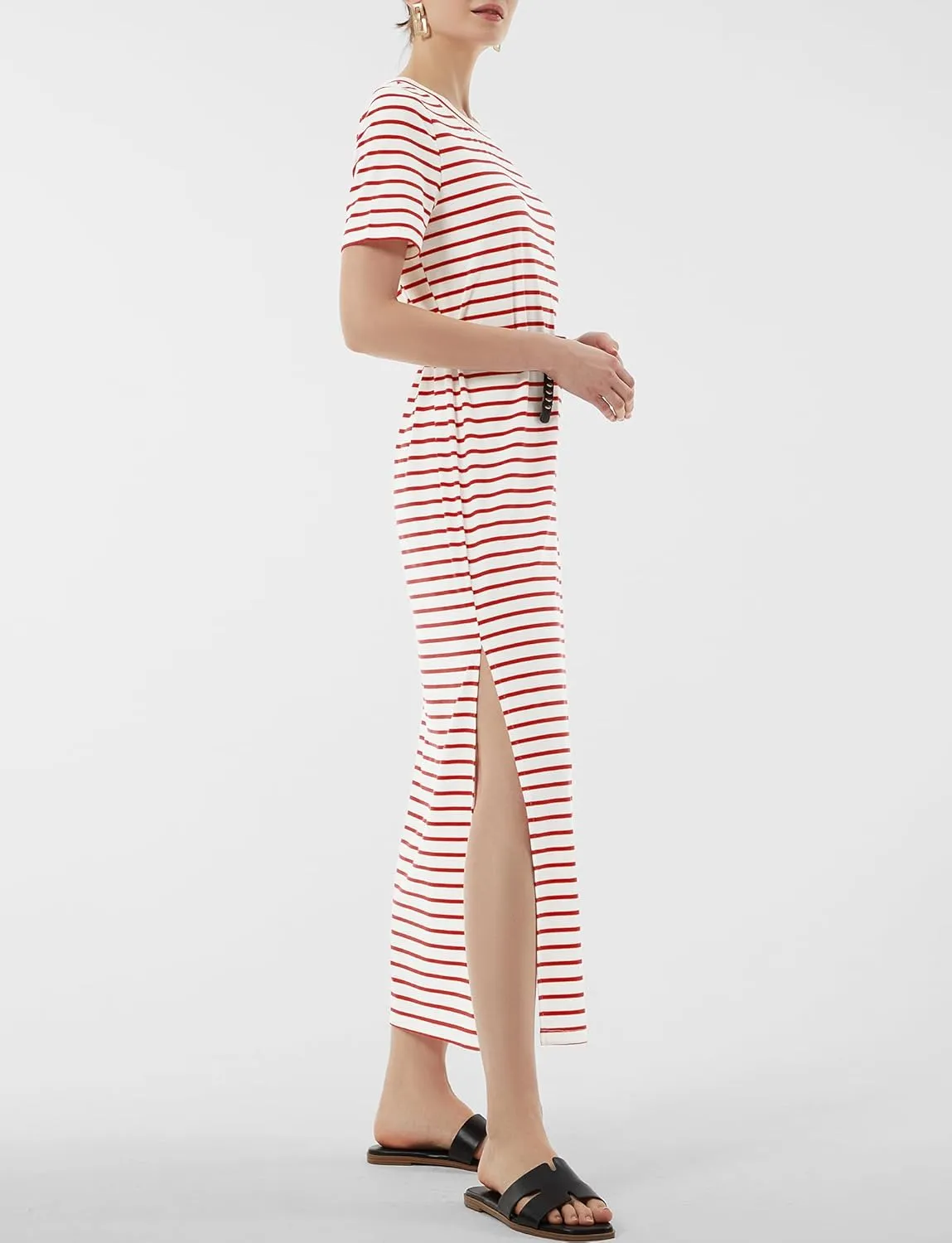 Women's Short Sleeve Double Split Maxi Dress 2025 Summer Casual Plain Striped Loose Long T Shirt Dresses